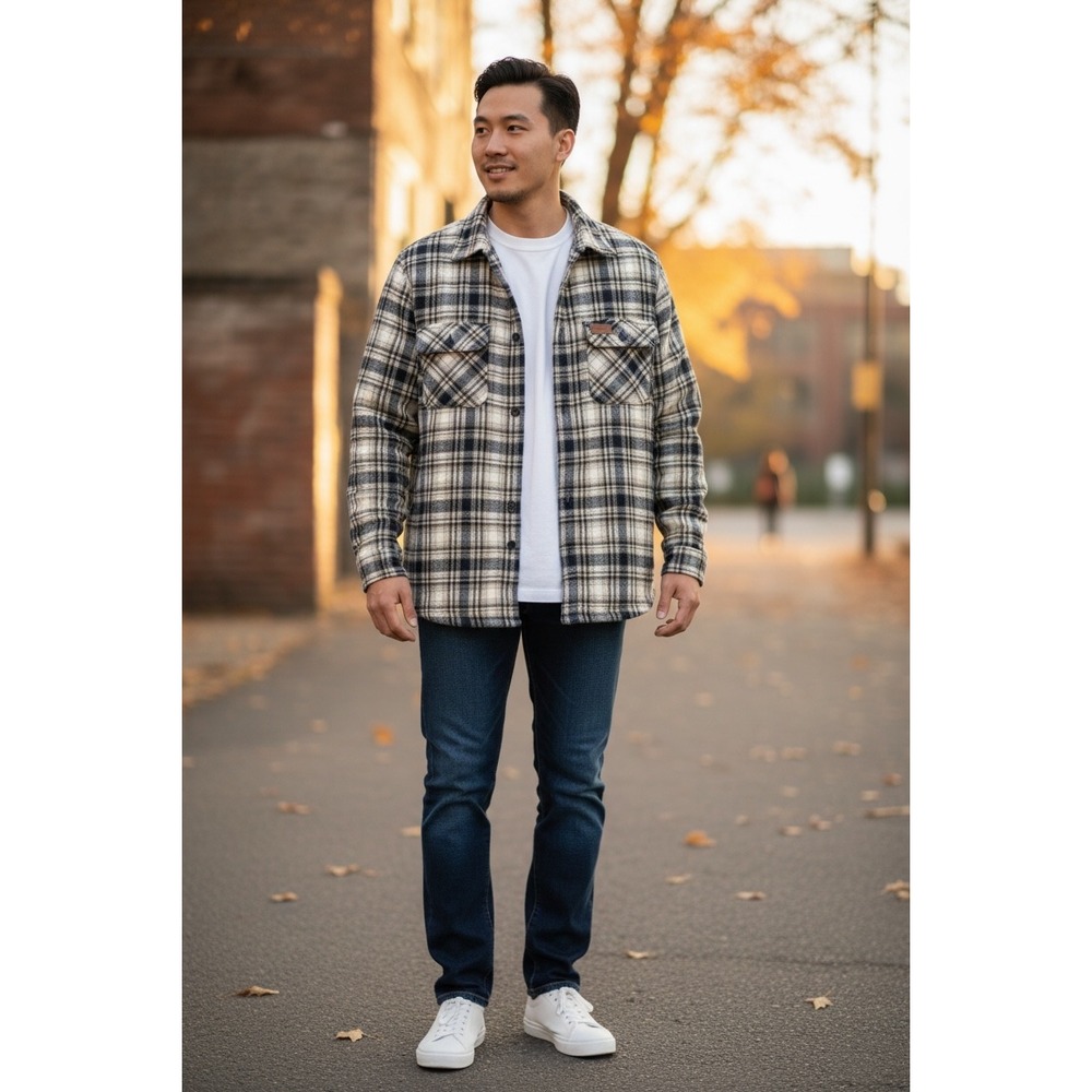 Mountain Ridge Mens XL Sherpa Lined Flannel Shirt Jacket Tan Navy Plaid‎ NWT